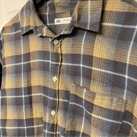 Zara Casual plaid Blue and Tan Checkered long sleeve button down Shirt - Picture 2 of 10